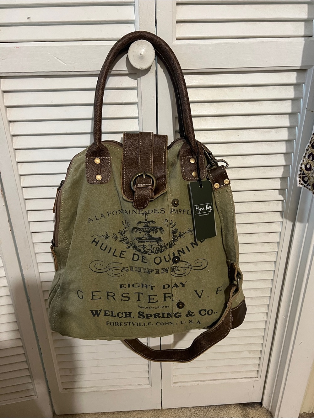 Canvas Messenger Bag in Olive Green with Brown Trim - Myra Bag